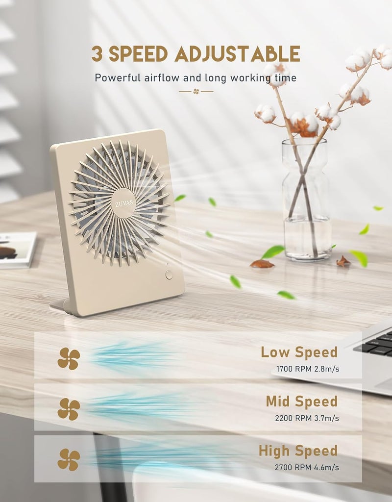 Zuvas Desk Fan Battery Operated Fan Rechargeable 180°Tilt Folding Personal Fan Ultra Quiet Small Portable 3 Speed Adjustable Strong Wind Fan For Office Bedroom Home Desktop Camping (Beige) - Image 3